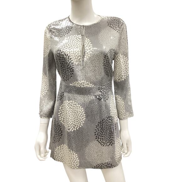 Tory Burch Top/Mini Dress Women’s SZ 8 100% Silk Sequins Long Sleeve Gray White - Picture 1 of 4